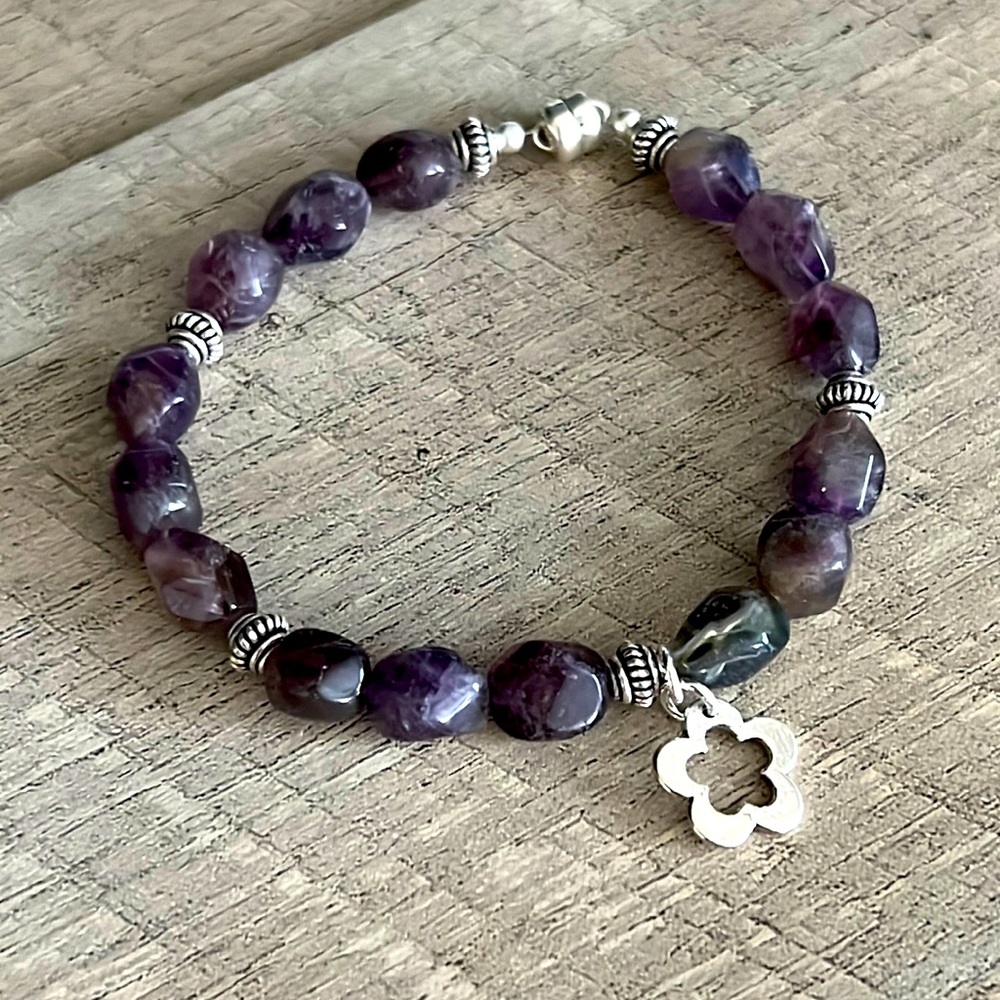 NEW Amethyst Bracelet with Sterling Silver Flower Charm